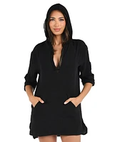 La Blanca Women's Seaside Hoodie with Kangaroo Pocket & Crochet Edging Detail Cover-Up