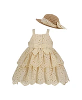 Blueberi Boulevard Baby Girls 2-Piece Linen Layered Sundress and Sunhat Set