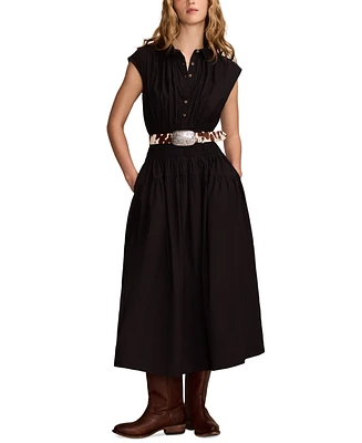 Lucky Brand Women's Solid Smocked Dropped-Waist Midi Dress