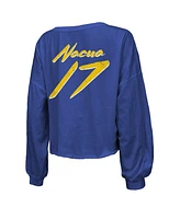 Majestic Threads Women's Puka Nacua Royal Los Angeles Rams Off-Shoulder Script Player Name Number Cropped Long Sleeve V-Neck T-Shirt