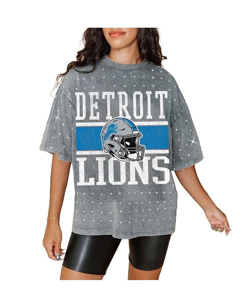 Gameday Couture Women's Gray Detroit Lions Oversized Mini Rhinestone Classic T-Shirt