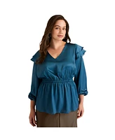 June + Vie Women's Plus Satin Peplum Top