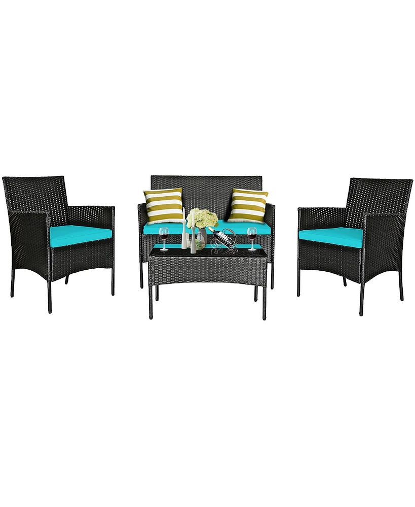 8PCS Patio Rattan Furniture Set Cushioned Sofa Coffee Table Backyard Turquoise