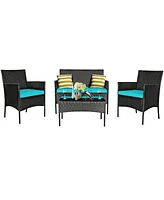 8PCS Patio Rattan Furniture Set Cushioned Sofa Coffee Table Backyard Turquoise