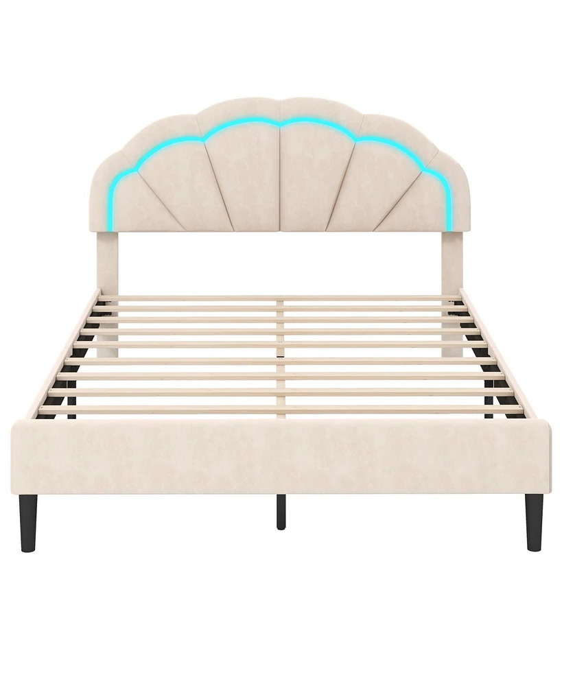 Upholstered Led Bed Frame with Adjustable Flower Headboard and Metal Support Feet