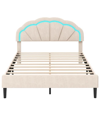 Upholstered Led Bed Frame with Adjustable Flower Headboard and Metal Support Feet