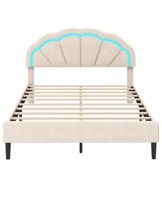 Upholstered Led Bed Frame with Adjustable Flower Headboard Metal Support Feet