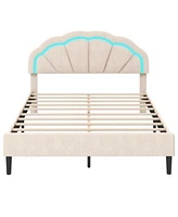 Upholstered Led Bed Frame with Adjustable Flower Headboard Metal Support Feet