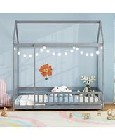 Kids House Bed Wooden Floor with Roof and Full-length