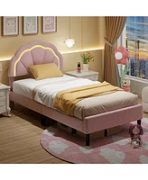 Upholstered Led Bed Frame with Adjustable Flower Headboard and Metal Support Feet