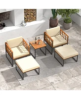 Gymax 5 Pcs Acacia Wood Patio Furniture Set w/ Ottomans Soft Cushions & Coffee Table