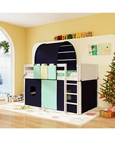 Loft Bed Playhouse Frame with Tower Tent and 3 Storage Pockets