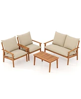 4 Pieces Outdoor Acacia Wood Conversation Set with Soft Cushions and Coffee Table-White