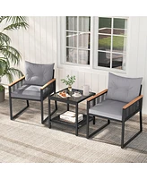 Gymax 3 Pcs Patio Furniture Set Pe Rattan Wicker Chairs w/ 2 Tier Coffee Table Soft Back