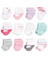 Hudson Baby Cotton Rich Baby Terry Socks 24-Pack, Pink Unicorn, 0-3 Months