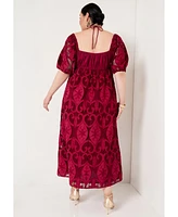 June + Vie Women's Plus Eyelet Puff Sleeve Peasant Dress