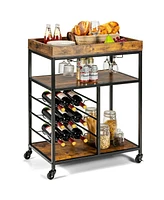 3-Tier Wood Rolling Kitchen Serving Cart with 9-Bottle Wine Rack for Convenient Storage and Serving