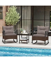 3 Pcs Patio Rocker Set with 2-Tier Coffee Table & Soft Seat Back Cushions Outdoor