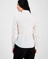 T Tahari Women's Button-Front Embroidered-Sleeve Shirt