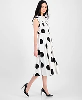 T Tahari Women's Dot-Print Belted Fit & Flare Dress