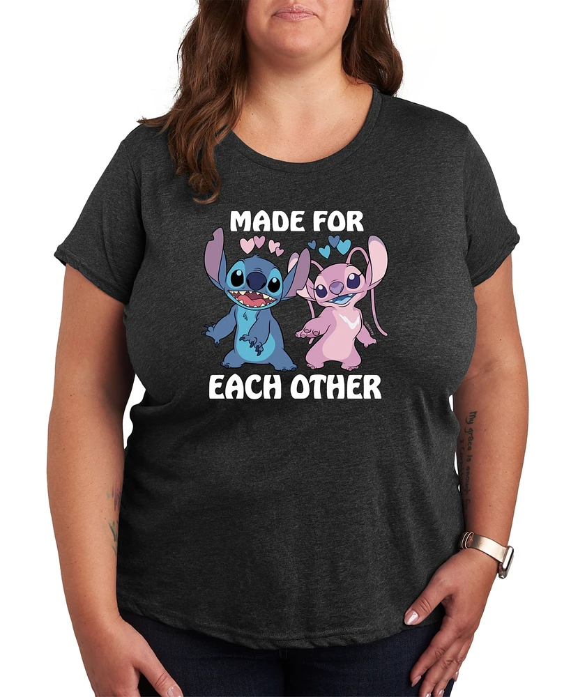 Hybird Apparel Plus Stitch Valentine's Day Made For Each Other Graphic Crew Neck T-Shirt