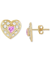 Macy's Created Ruby or Pink Sapphire (1 ct. t.w.) Heart Stud Earrings & Pendant Necklace 14k Gold Over Sterling Silver, 16" + 2" extender