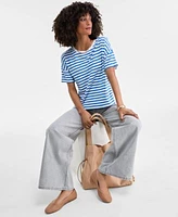 On 34th Womens Knit Easy Short Sleeve Striped T Shirt High Rise Wide Leg Jeans Jyyll Large Solid Tote With Removable Pouch Friyaa Woven Flats Exclusively At Macys
