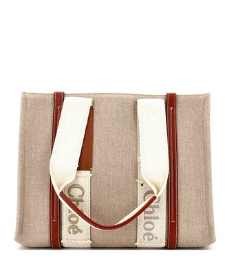 Pre-Owned Chloe Medium Woody Logo Tape Detail Tote Canvas with Leather