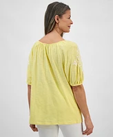 Style & Co Women's Embroidered Split-Neck Tasseled-Tie Top, Regular Petite, Exclusively at Macy's