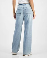 Indigo Rein Juniors' High-Rise Embroidered Wide-Leg Jeans