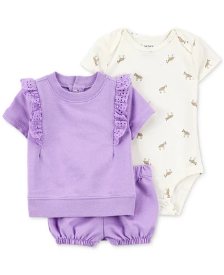 Carter's Baby Girls Cotton Bodysuit, Flutter Top & Shorts, 3 Piece Set