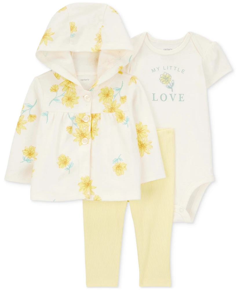 Carter's Baby Girls Cotton Floral Hooded Cardigan, Bodysuit & Pants, 3 Piece Set