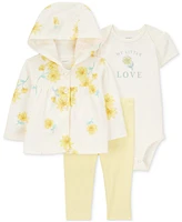 Carter's Baby Girls Cotton Floral Hooded Cardigan, Bodysuit & Pants, 3 Piece Set