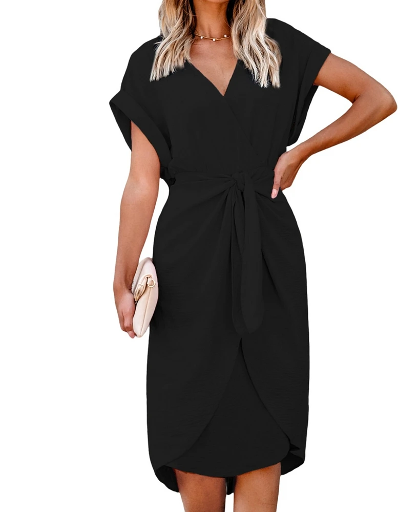 Women's Collared Front Twist Tulip Hem Midi Beach Dress