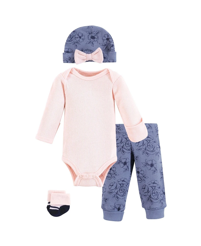 Hudson Baby Girls Thermal Preemie Layette Set 4pc Long Sleeve Outfit, Navy Toile, Preemie