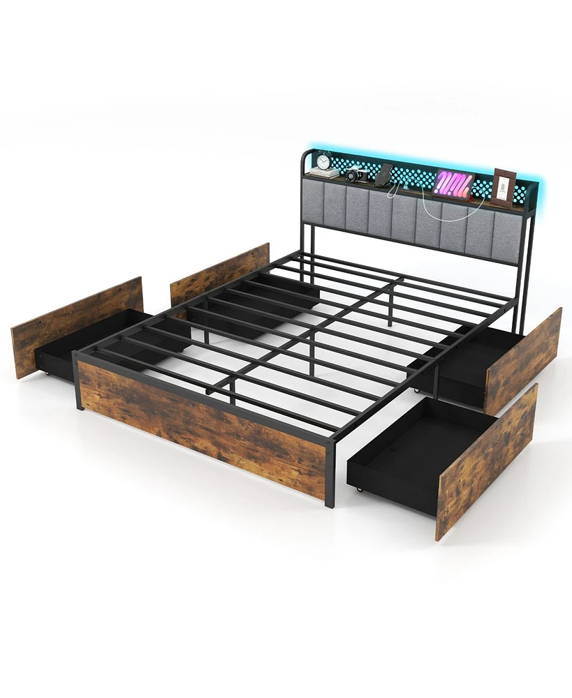 Bed Frame with Led Lights Upholstered Headboard and 4 Storage Drawers