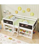 Kid Low Loft Bed with Chalkboard Ramp Ladder and Bookcases