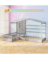 L-shaped Double Beds House Platform with Fences Corner Bed Frame