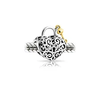 Bling Jewelry Two Tone Heart Filigree Lock & Key Charm Bead 14K Gold Plated Silver
