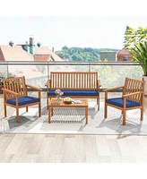 4 Piece Patio Wood Furniture Set Acacia Wood Sofa Set with Loveseat