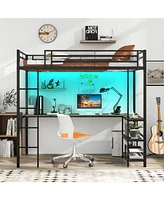 Loft Bed Raised Platform Bed with Desk and 2 Storage Shelves