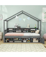 House Bed with Roof with 14 Storage Cubes and Enclosed Cabinet