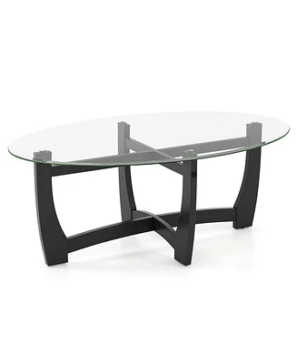 Oval Coffee Table with Tempered Glass Tabletop and Rubber Wood Legs