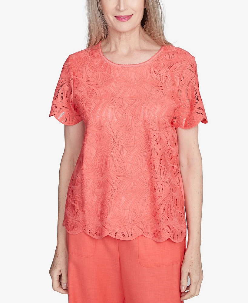 Alfred Dunner Women's Catalina Island Lace Trimmed Textured Top