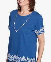 Alfred Dunner Women's Flower Power Border Embroidery Top with Necklace