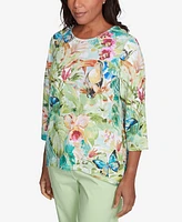 Alfred Dunner Women's Parrot Cay Tropical Toucan Crew Neck Top