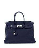 Pre-Owned HERMES Birkin 35 Handbag Blue Fjord with Palladium Hardware