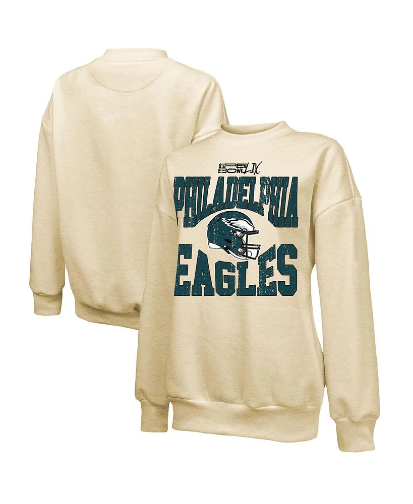 Majestic Women's Cream Philadelphia Eagles Super Bowl Lix Fadeaway Helmet Oversized Tri-Blend Pullover Sweatshirt