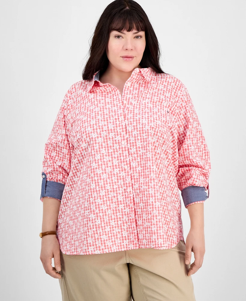 Tommy Hilfiger Plus Daisy Gingham Cotton Roll-Tab Shirt, Exclusively at Macy's
