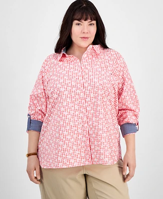Tommy Hilfiger Plus Daisy Gingham Cotton Roll-Tab Shirt, Exclusively at Macy's